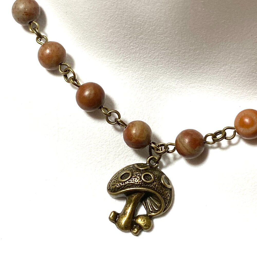 Earthy Polychrome Jasper Necklace, Cute Bronze Round Mushroom + Genuine Gemstone